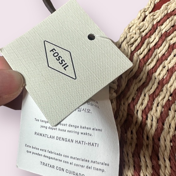 NWT Fossil Faye Crossbody Straw Woven Handbag Terracotta Accents Brown Strap - Picture 9 of 10